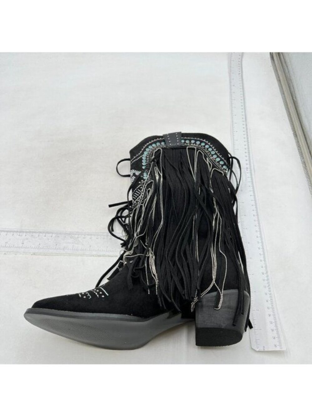 Black Western Cowboy Boots Mid Calf Fringe Pointed Toe Cowgirl Chunky Heel Boots